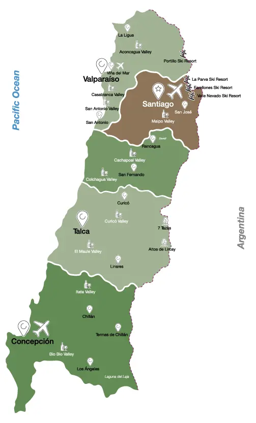 Mapa Chile Central y Santiago - guía de destinos y distancias