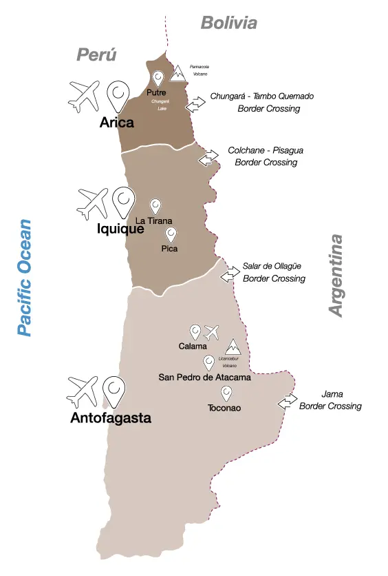 Mapa Norte Grande Chile - Desierto de Atacama destinos