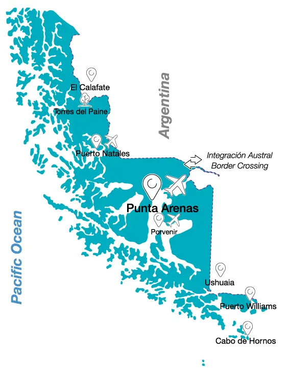 Mapa Patagonia chilena - Torres del Paine y guía de destinos principales